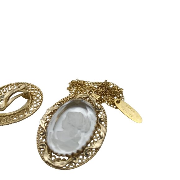 Vintage Whiting & Davis Intaglio Glass Cameo Parure, Gold Filigree Clamper - Picture 11 of 12